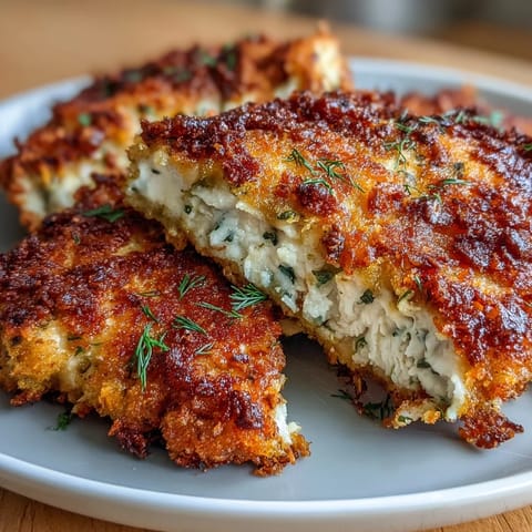 Crispy Dill Pickle Parmesan Chicken with golden crust and juicy center, served hot on a white plate with fresh dill garnish.  