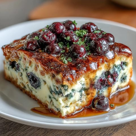Golden-baked blueberry cottage cheese casserole, packed with oats and chia seeds for a nourishing start.  