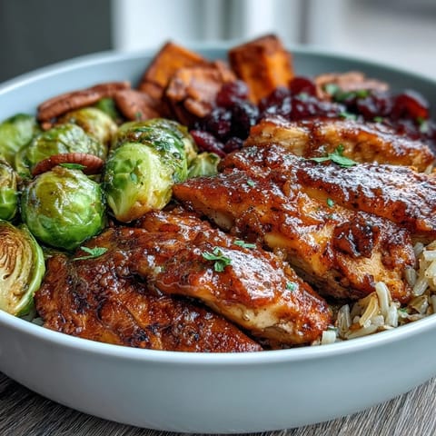 Hearty Maple Dijon Chicken Sweet Potato Bowls with roasted veggies and nutty rice, topped with pecans and cranberries.  