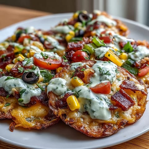 A colorful platter of rainbow veggie Irish nachos with crispy potato rounds, melty cheddar, and vibrant bell peppers, served with tangy Greek yogurt ranch.