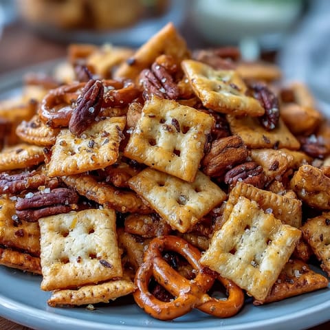 Crunchy sourdough Cheez-Its snack mix with roasted nuts and pretzels, perfect for savory party snacking.