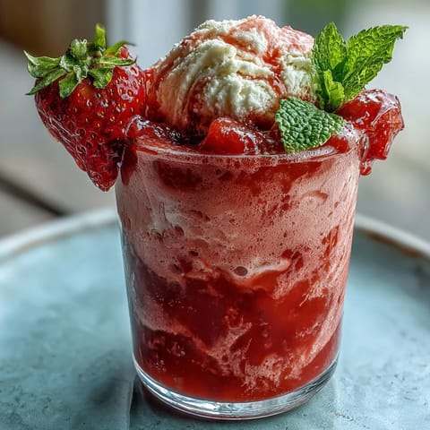 A vibrant strawberry daiquiri float with creamy vanilla ice cream, sparkling water, and fresh mint garnish in tall glasses.