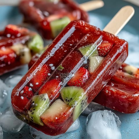 Strawberry Daiquiri Popsicles with fresh fruit chunks, featuring vibrant strawberries, mango, and kiwi in a rum-lime base, frozen into colorful summer treats.
