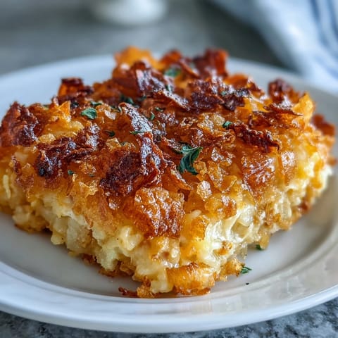 Rich, creamy potato casserole topped with crunchy cornflake and cheddar crust, perfect for potlucks.  