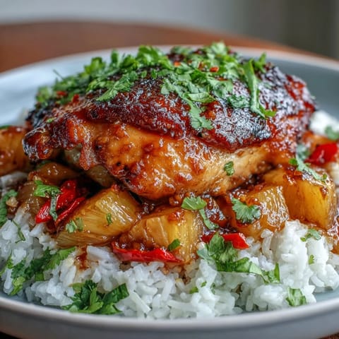 A vibrant tropical dinner featuring golden-baked chicken, fluffy rice, and colorful bell peppers in a savory-sweet sauce.  