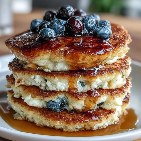 Cottage cheese protein pancakes topped with juicy blueberries, offering a fluffy and nutritious breakfast option for fitness lovers.