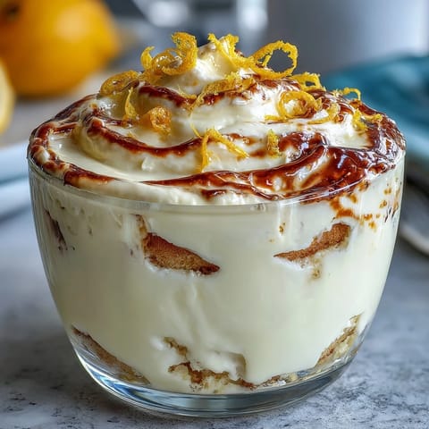 Individual limoncello tiramisu dessert jars with layers of lemon mascarpone cream and soaked ladyfingers, topped with white chocolate shavings.