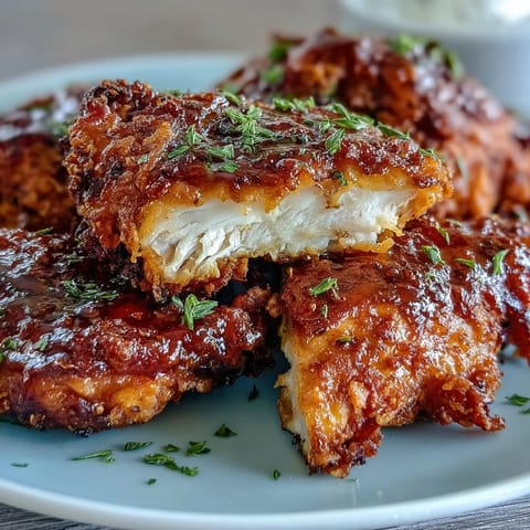 Classic Southern comfort food plate featuring spiced fried chicken and warm, buttery honey biscuits straight from the oven.  