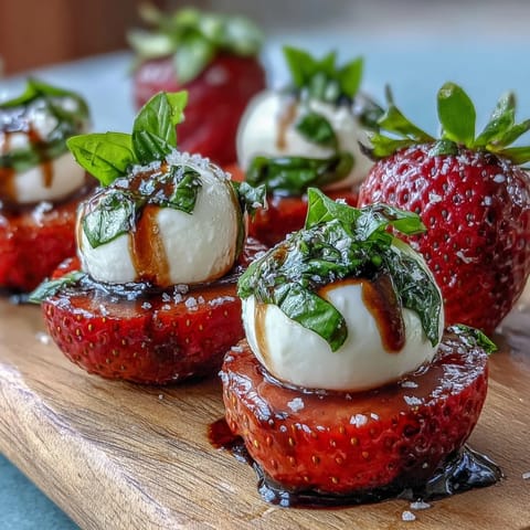 Fresh strawberry caprese skewers with mozzarella and basil, drizzled with balsamic glaze for a sweet-savory summer appetizer.
