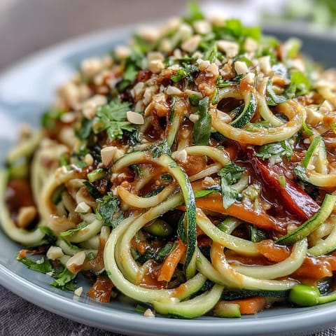 Vibrant zucchini noodles stir-fried with crisp vegetables and drizzled with creamy peanut sauce for a healthy, flavorful meal.