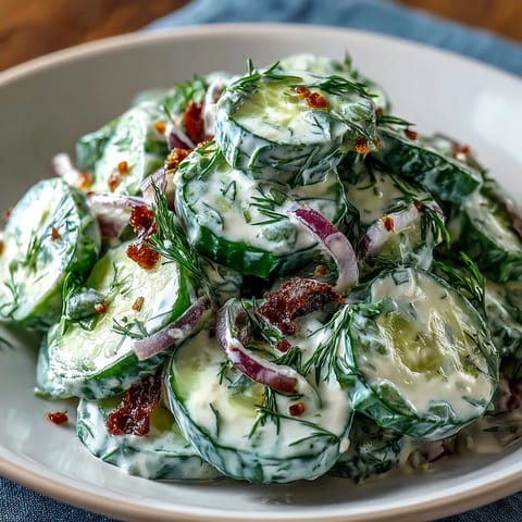 Creamy Cucumber Dill Salad with crisp cucumbers in tangy dressing, perfect for summer picnics and barbecues.  