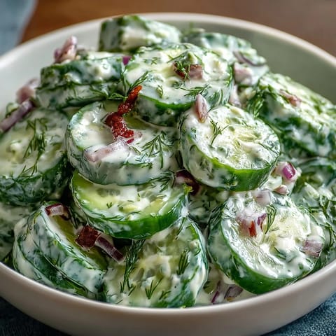 Refreshing Creamy Cucumber Dill Salad featuring sliced cucumbers and red onion in a creamy, herby dressing.  