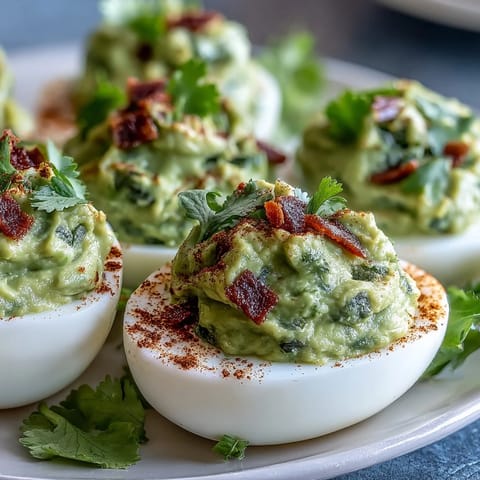 Creamy guacamole stuffed deviled eggs with avocado, lime, and a sprinkle of smoked paprika for a fresh twist on a classic appetizer.