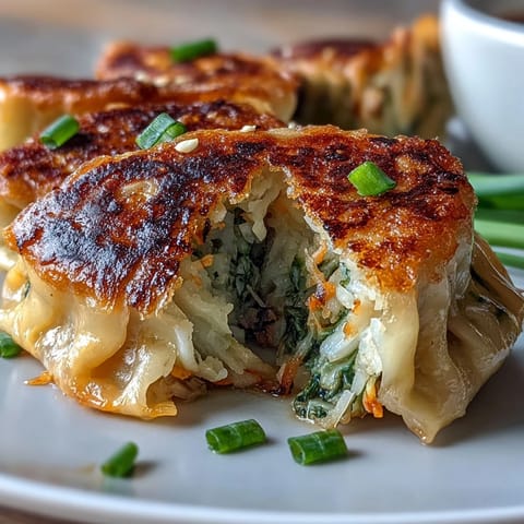 Crispy cabbage dumplings with golden pan-fried bottoms and savory vegetable filling, served with aromatic ginger soy dipping sauce.  