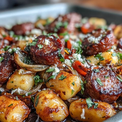 Sheet pan gnocchi with sausage and peppers: golden roasted gnocchi, juicy sausage, and sweet bell peppers baked together in a hearty one-pan dinner.