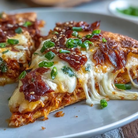 Tangy kimchi and gooey melted cheese inside crispy flour tortillas, a bold Korean-Mexican fusion for a quick meal.