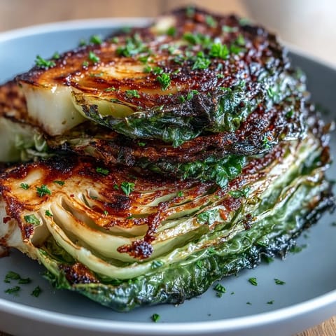Golden roasted cabbage steaks seasoned with garlic, smoked paprika, and fresh lemon zest, served as a vibrant vegan side dish.