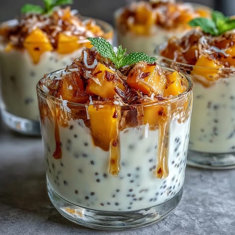 Creamy mango chia pudding with coconut milk and fresh mango chunks, perfect for a tropical vegan breakfast or dessert.  
