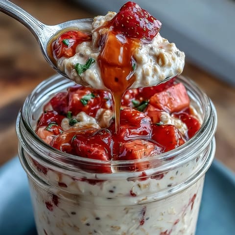 A jar of creamy vanilla overnight oats layered with fresh strawberries and a sprinkle of chia seeds, perfect for a healthy breakfast on the go.