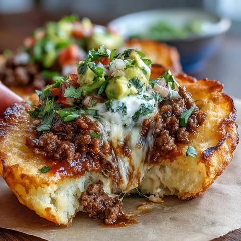 Low-carb cloud bread taco shells hold juicy seasoned beef and zesty tomato salsa for a satisfying meal.  