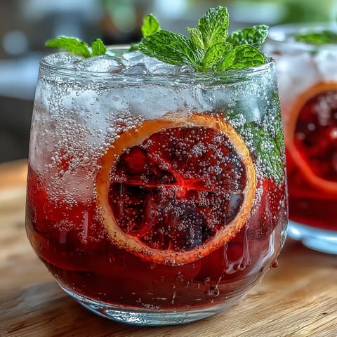 Vibrant Sparkling Hibiscus Mint Lemonade Mocktail with lemon slices and fresh mint garnish in tall glasses over ice.
