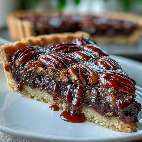 Kentucky Derby Chocolate Bourbon Pecan Tart with glossy chocolate and toasted pecans in a golden crust.