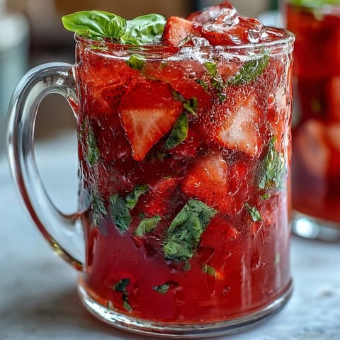 A refreshing Strawberry Basil Lemonade Pitcher with fresh fruit garnishes, perfect for quenching thirst.