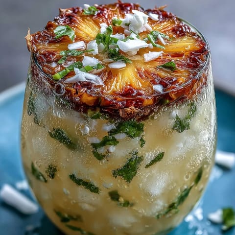 Refreshing Pineapple Coconut Agua Fresca with lime, topped with garnishes.