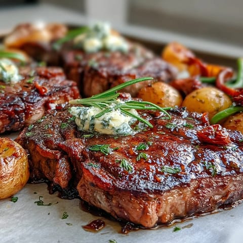 Juicy Father's Day Steak and Potato Sheet Pan Dinner ready to serve.