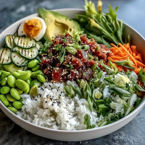 Bright canned tuna poke bowl with colorful crisp veggies and creamy avocado.