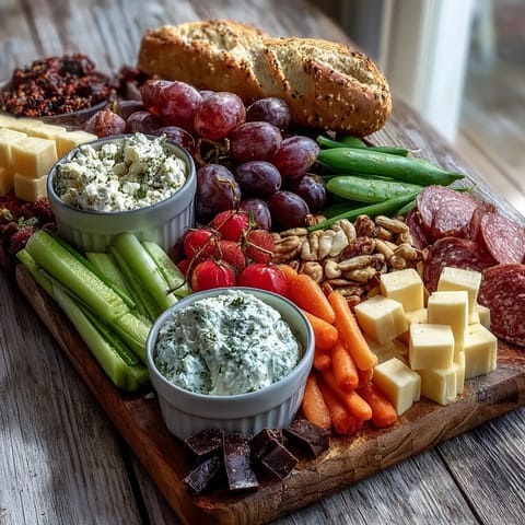 Vibrant Summer Watch Party Snack Board bursting with colorful fruits, cheeses, and dips.