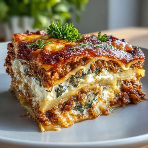 Golden Cabbage Dumpling Lasagna bubbling with melted cheese and rich tomato sauce.