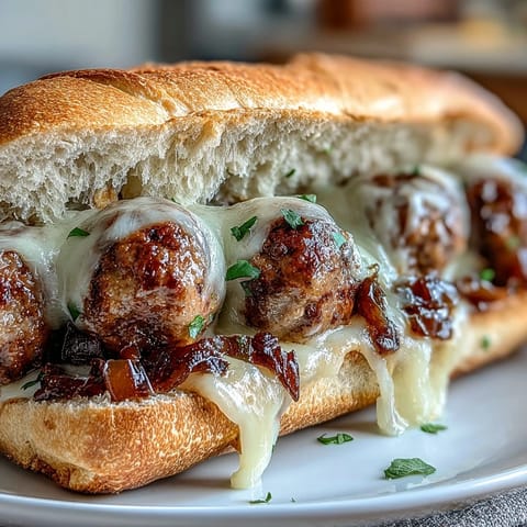 Juicy French onion meatballs subs, gooey cheese bubbling over caramelized onions.