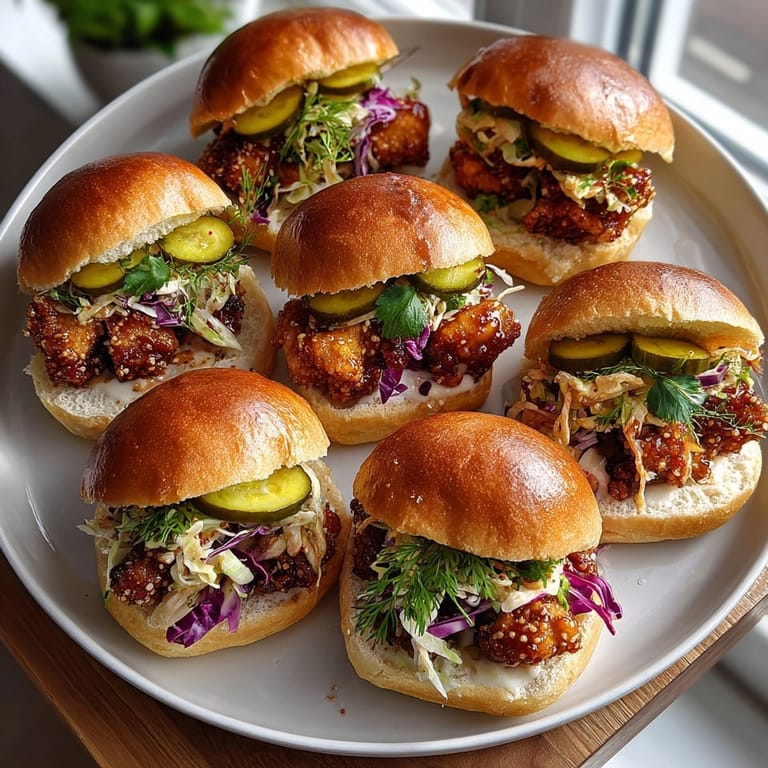 Close-up of hot honey fried chicken sliders with crunchy slaw and melty buttered buns.