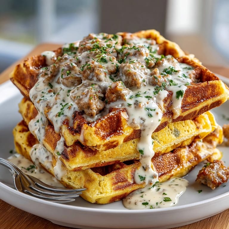 Southern-style Cornbread Waffles with Buttermilk Gravy, creamy sausage sauce cascading over crisp waffles.