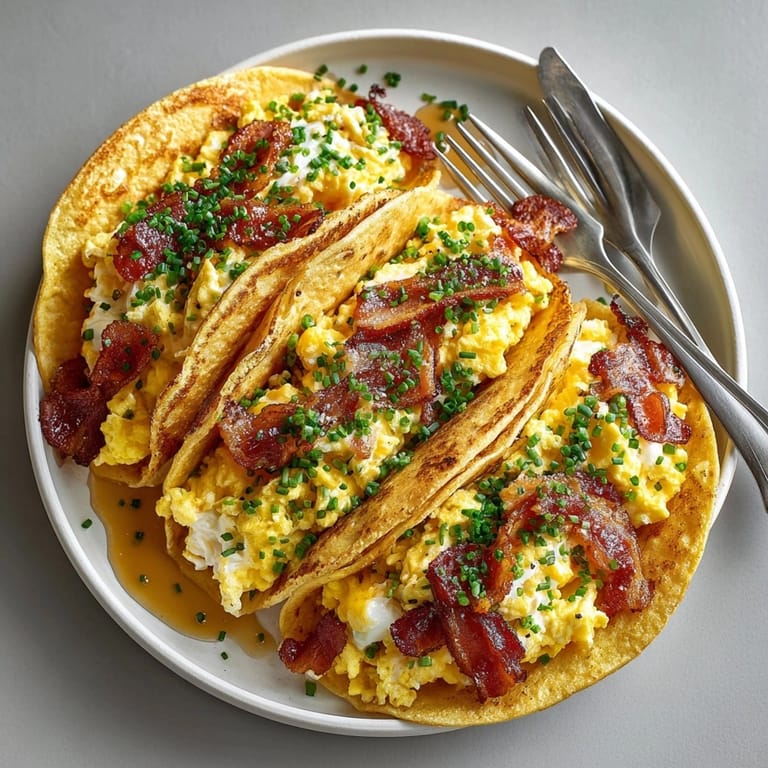 Brunch table featuring Maple Bacon Pancake Tacos, garnished with fresh chives and sweet maple syrup