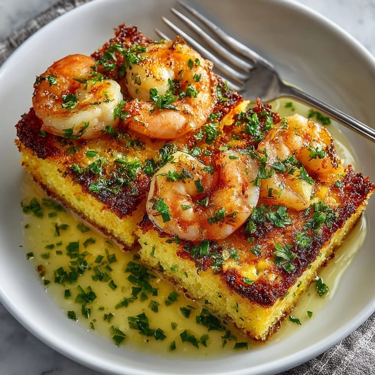 Close-up of Southern Grit Cakes with Garlic Shrimp, highlighting cheesy grit cakes beneath tender, garlicky shrimp
