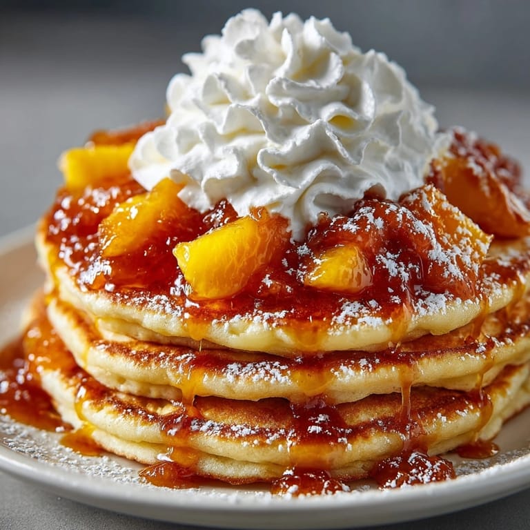 Golden peach cobbler pancakes stacked with cinnamon-peach compote and fluffy whipped cream, served hot.