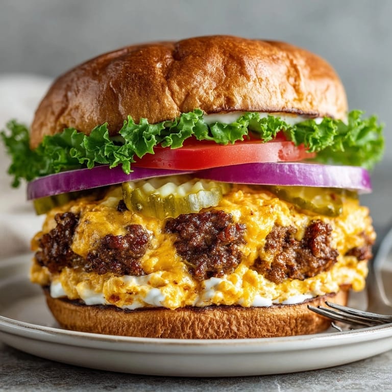 Classic Southern-style Pimento Cheese-Stuffed Burger served with lettuce, tomato, and pickles on a picnic table.