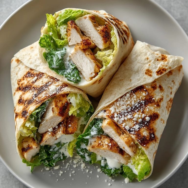 Close-up of Chicken Caesar Wrap halves on a plate, featuring vibrant romaine, savory chicken, and rich Caesar flavor.