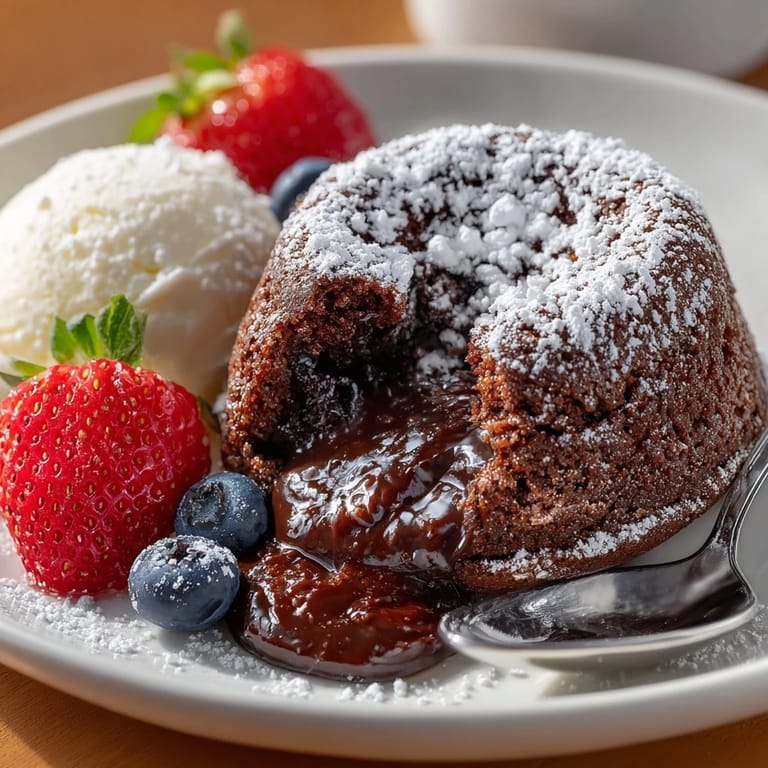 Chocolate Lava Cake with a rich, molten center served alongside creamy vanilla ice cream.