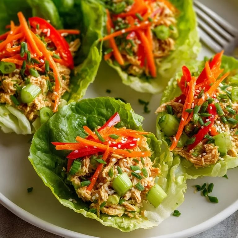 Avocado Tuna Lettuce Wraps piled on crisp butter lettuce, with creamy tuna-avocado filling, vibrant veggies, and a sprinkle of sesame seeds.
