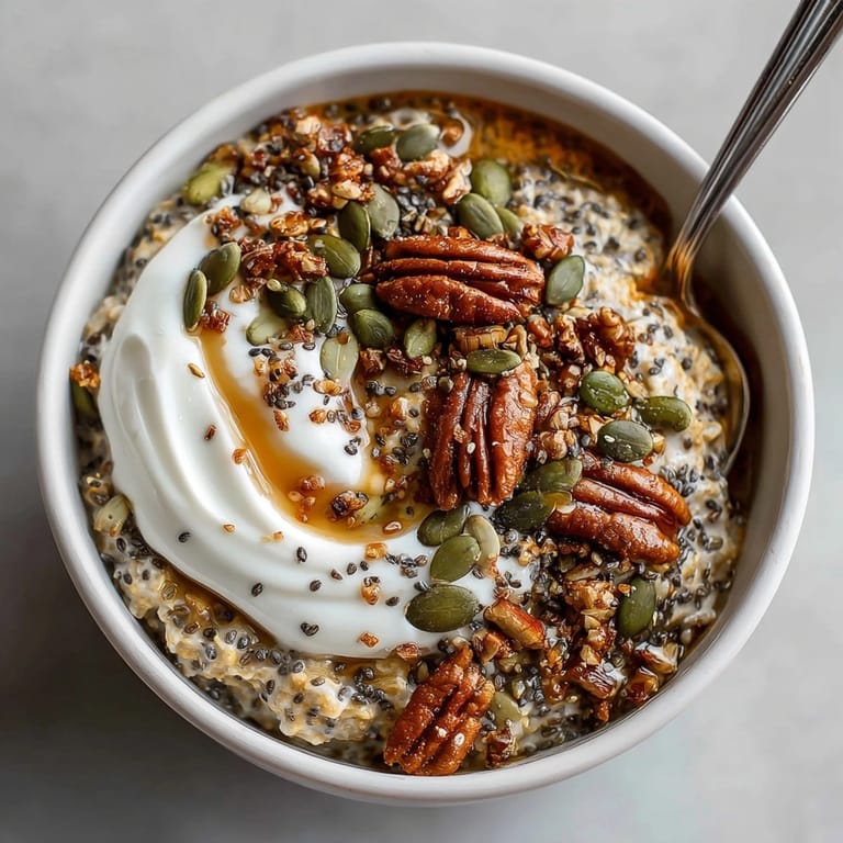 Pumpkin chai overnight oats breakfast layered with Greek yogurt, nuts, and a hint of spice