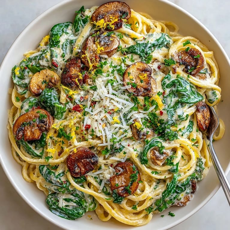 Steaming one-pot creamy mushroom and spinach pasta served with fresh parsley and lemon zest.
