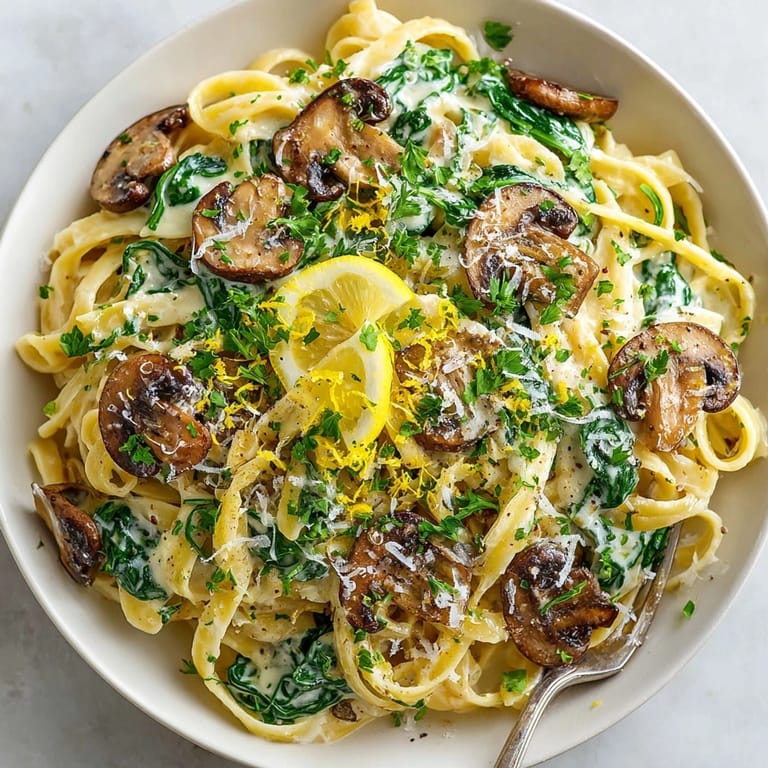 Rich and velvety one-pot creamy mushroom and spinach pasta twirled on a fork, ready to eat.