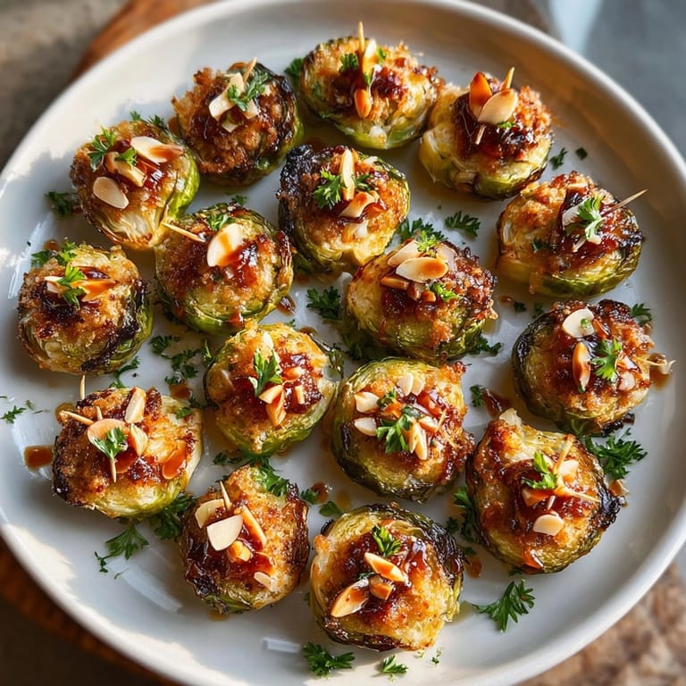 Crispy Spicy Maple Bacon Brussels Sprout Bites topped with crunchy almonds, perfect for a flavorful appetizer spread.