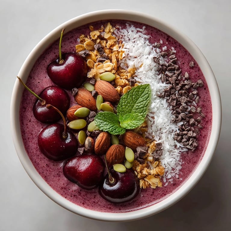 Close-up of Cherry-Coded Holiday Protein Smoothie Bowl served in a bowl, ready for a cozy breakfast
