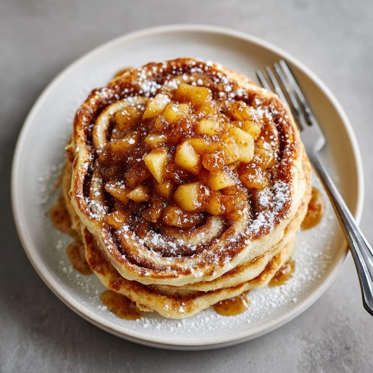 Fluffy Brown Butter Cinnamon Roll Pancakes served hot, swirled with cinnamon and finished with apple compote.