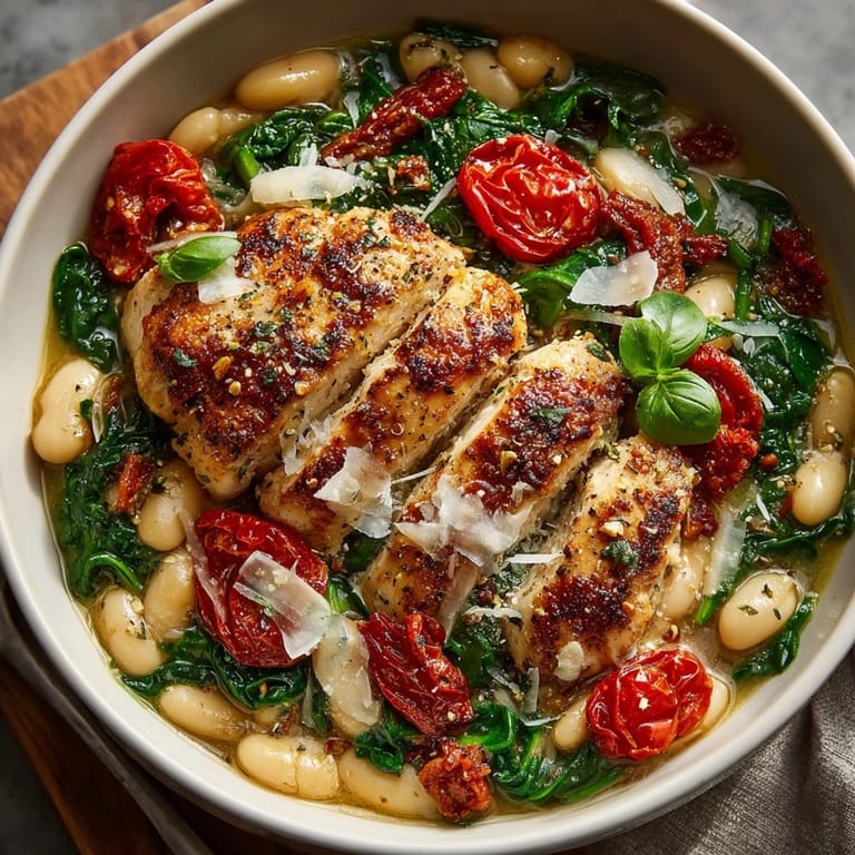 Juicy One-Pan Tuscan White Bean Chicken Skillet served hot with wilted spinach and sun-dried tomatoes.