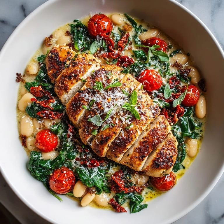 Hearty One-Pan Tuscan White Bean Chicken Skillet family meal, topped with melted Parmesan and cherry tomatoes.